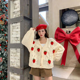 Winter Strawberry Knitting Cardigan Y2K Loose Long Sleeve Thicken Warm Sweater Korean Chic Preppy Sweater